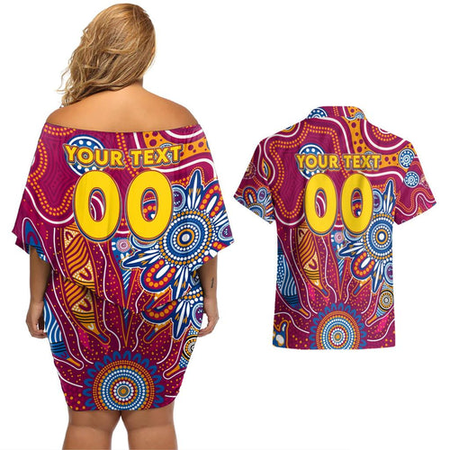 Personalised Crows NAIDOC Week 2024 Couples Matching Off Shoulder Short Dress and Hawaiian Shirt Aussie Aboriginal Art