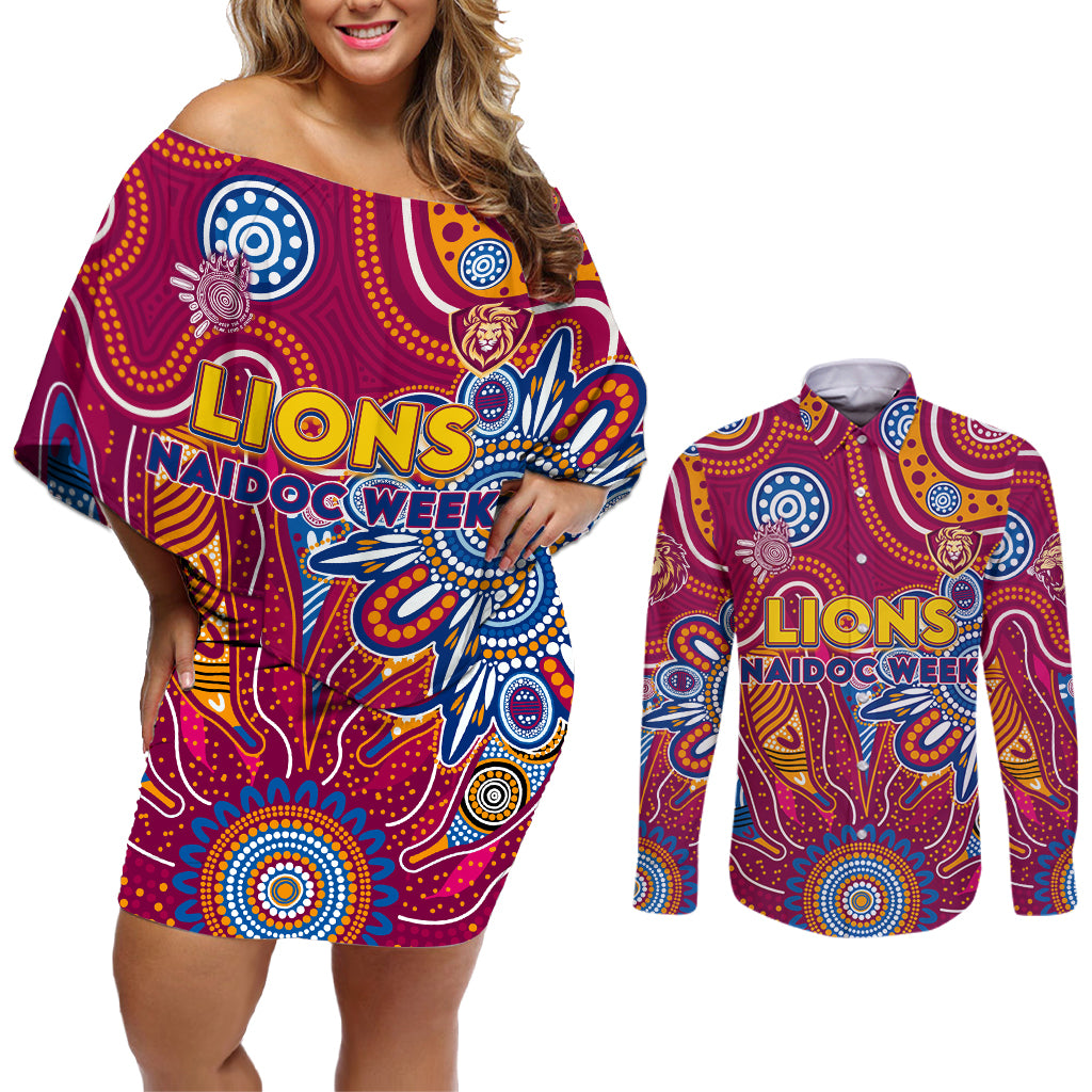 Personalised Crows NAIDOC Week 2024 Couples Matching Off Shoulder Short Dress and Long Sleeve Button Shirt Aussie Aboriginal Art
