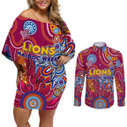 Personalised Crows NAIDOC Week 2024 Couples Matching Off Shoulder Short Dress and Long Sleeve Button Shirt Aussie Aboriginal Art