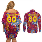 Personalised Crows NAIDOC Week 2024 Couples Matching Off Shoulder Short Dress and Long Sleeve Button Shirt Aussie Aboriginal Art