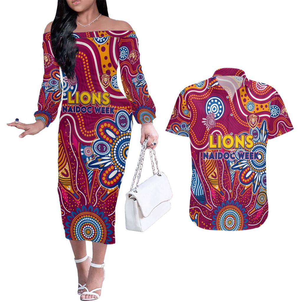 Personalised Crows NAIDOC Week 2024 Couples Matching Off The Shoulder Long Sleeve Dress and Hawaiian Shirt Aussie Aboriginal Art