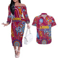 Personalised Crows NAIDOC Week 2024 Couples Matching Off The Shoulder Long Sleeve Dress and Hawaiian Shirt Aussie Aboriginal Art