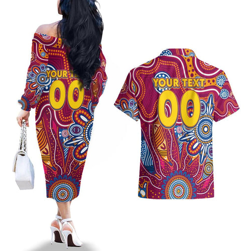 Personalised Crows NAIDOC Week 2024 Couples Matching Off The Shoulder Long Sleeve Dress and Hawaiian Shirt Aussie Aboriginal Art