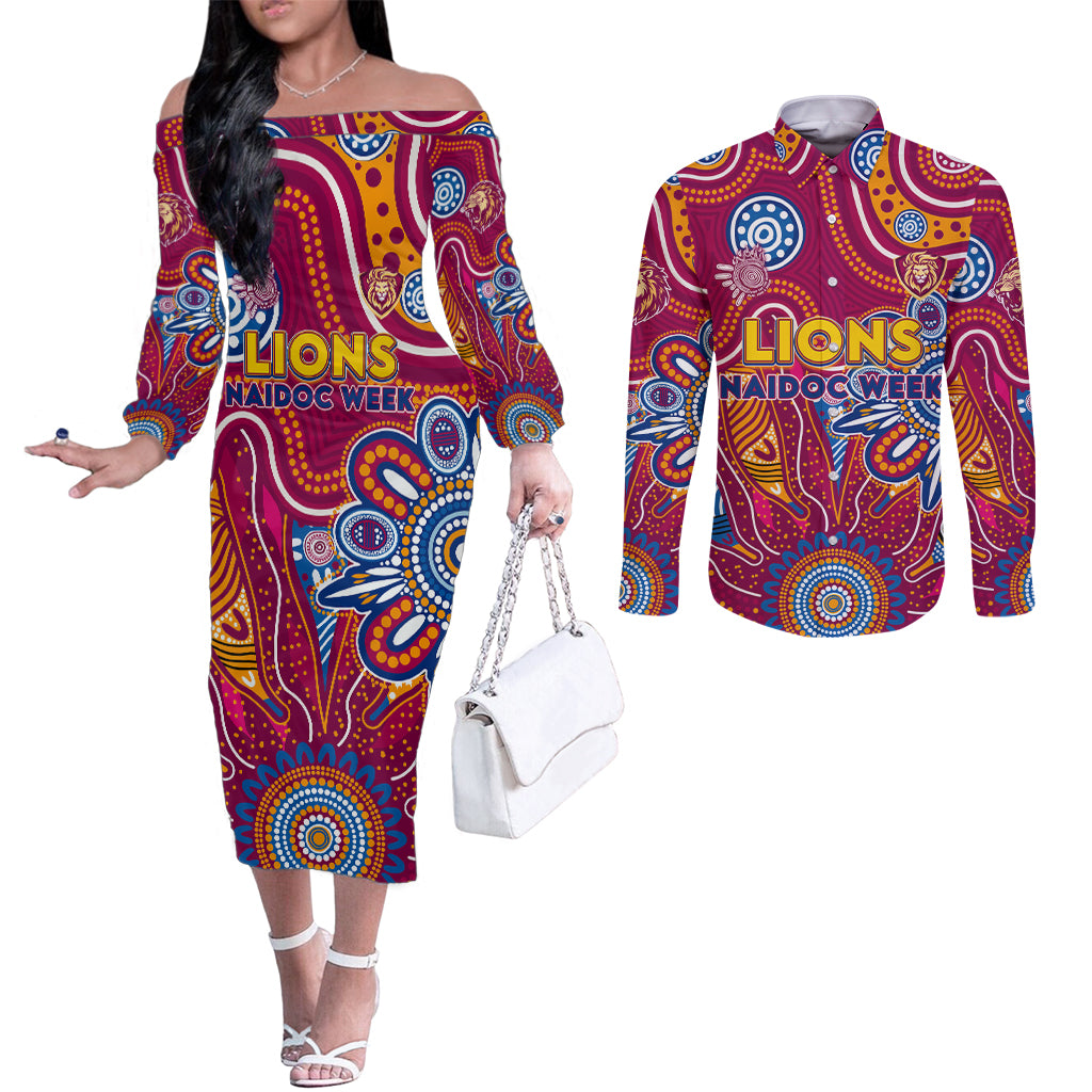 Personalised Crows NAIDOC Week 2024 Couples Matching Off The Shoulder Long Sleeve Dress and Long Sleeve Button Shirt Aussie Aboriginal Art