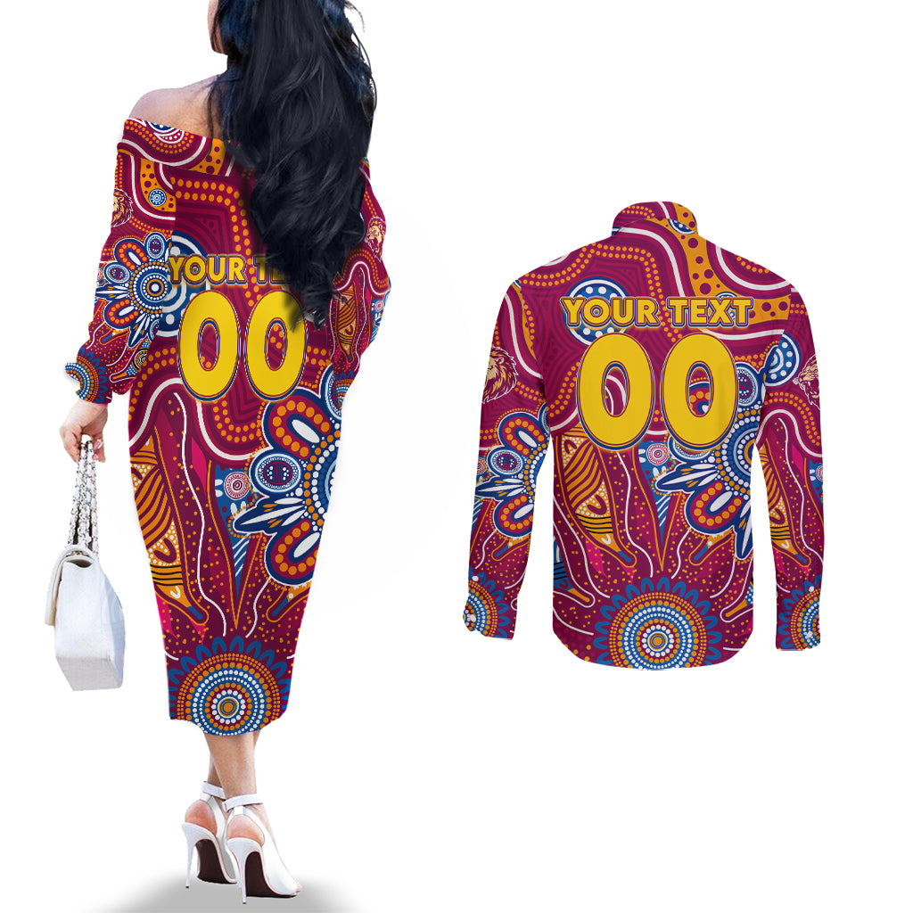 Personalised Crows NAIDOC Week 2024 Couples Matching Off The Shoulder Long Sleeve Dress and Long Sleeve Button Shirt Aussie Aboriginal Art