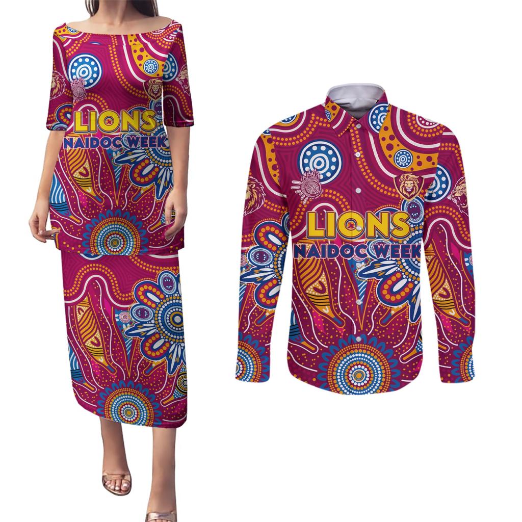 Personalised Crows NAIDOC Week 2024 Couples Matching Puletasi and Long Sleeve Button Shirt Aussie Aboriginal Art