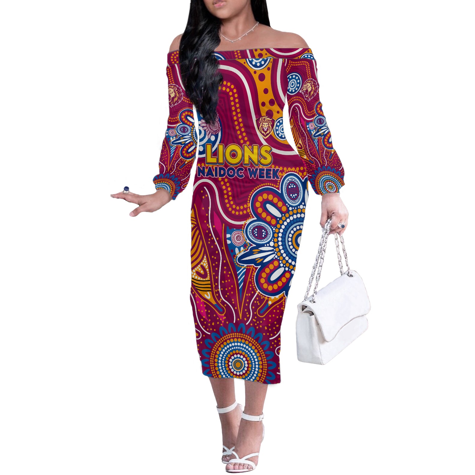 Personalised Crows NAIDOC Week 2024 Off The Shoulder Long Sleeve Dress Aussie Aboriginal Art