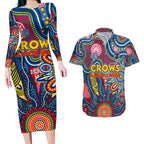 Personalised Lions NAIDOC Week 2024 Couples Matching Long Sleeve Bodycon Dress and Hawaiian Shirt Aussie Aboriginal Art