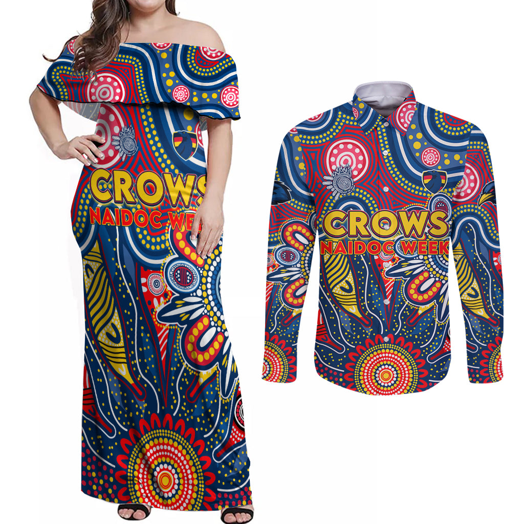 Personalised Lions NAIDOC Week 2024 Couples Matching Off Shoulder Maxi Dress and Long Sleeve Button Shirt Aussie Aboriginal Art