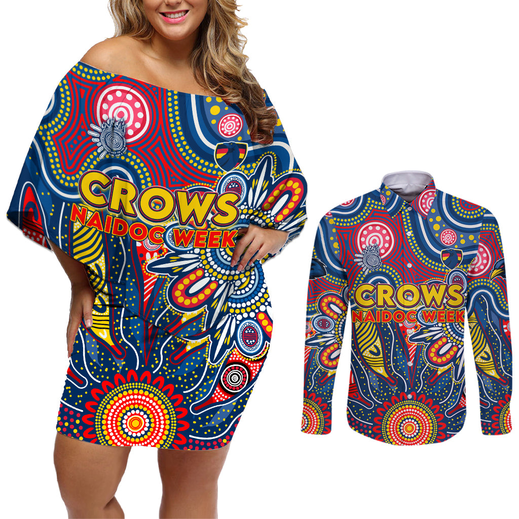 Personalised Lions NAIDOC Week 2024 Couples Matching Off Shoulder Short Dress and Long Sleeve Button Shirt Aussie Aboriginal Art
