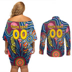 Personalised Lions NAIDOC Week 2024 Couples Matching Off Shoulder Short Dress and Long Sleeve Button Shirt Aussie Aboriginal Art