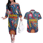 Personalised Lions NAIDOC Week 2024 Couples Matching Off The Shoulder Long Sleeve Dress and Hawaiian Shirt Aussie Aboriginal Art