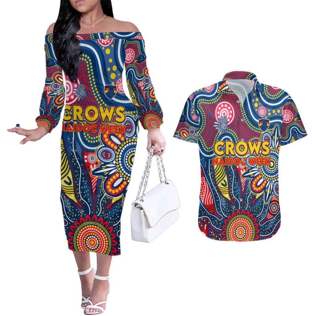 Personalised Lions NAIDOC Week 2024 Couples Matching Off The Shoulder Long Sleeve Dress and Hawaiian Shirt Aussie Aboriginal Art