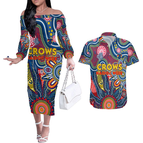 Personalised Lions NAIDOC Week 2024 Couples Matching Off The Shoulder Long Sleeve Dress and Hawaiian Shirt Aussie Aboriginal Art
