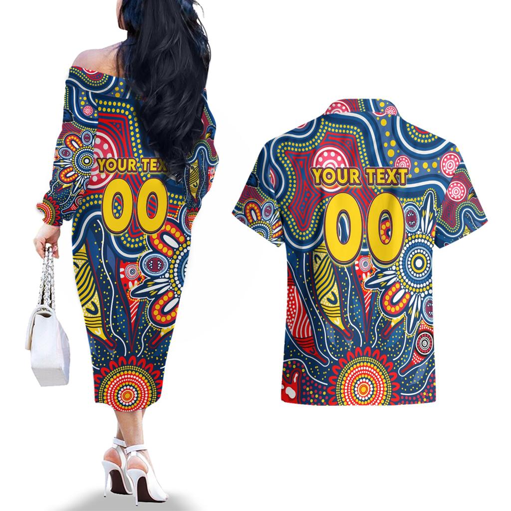 Personalised Lions NAIDOC Week 2024 Couples Matching Off The Shoulder Long Sleeve Dress and Hawaiian Shirt Aussie Aboriginal Art