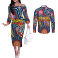 Personalised Lions NAIDOC Week 2024 Couples Matching Off The Shoulder Long Sleeve Dress and Long Sleeve Button Shirt Aussie Aboriginal Art