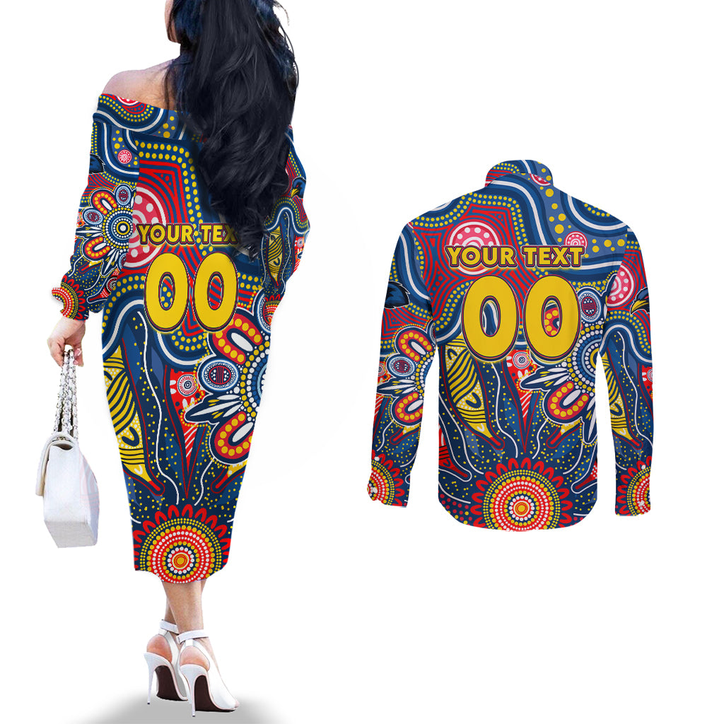Personalised Lions NAIDOC Week 2024 Couples Matching Off The Shoulder Long Sleeve Dress and Long Sleeve Button Shirt Aussie Aboriginal Art