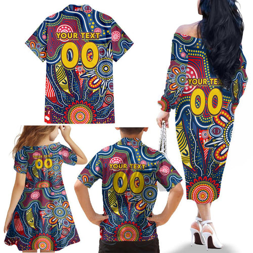 Personalised Lions NAIDOC Week 2024 Family Matching Off The Shoulder Long Sleeve Dress and Hawaiian Shirt Aussie Aboriginal Art
