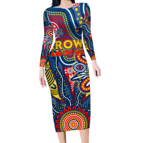 Personalised Lions NAIDOC Week 2024 Long Sleeve Bodycon Dress Aussie Aboriginal Art
