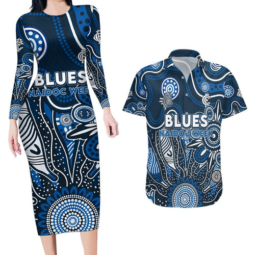Personalised Blues NAIDOC Week 2024 Couples Matching Long Sleeve Bodycon Dress and Hawaiian Shirt Aussie Aboriginal Art