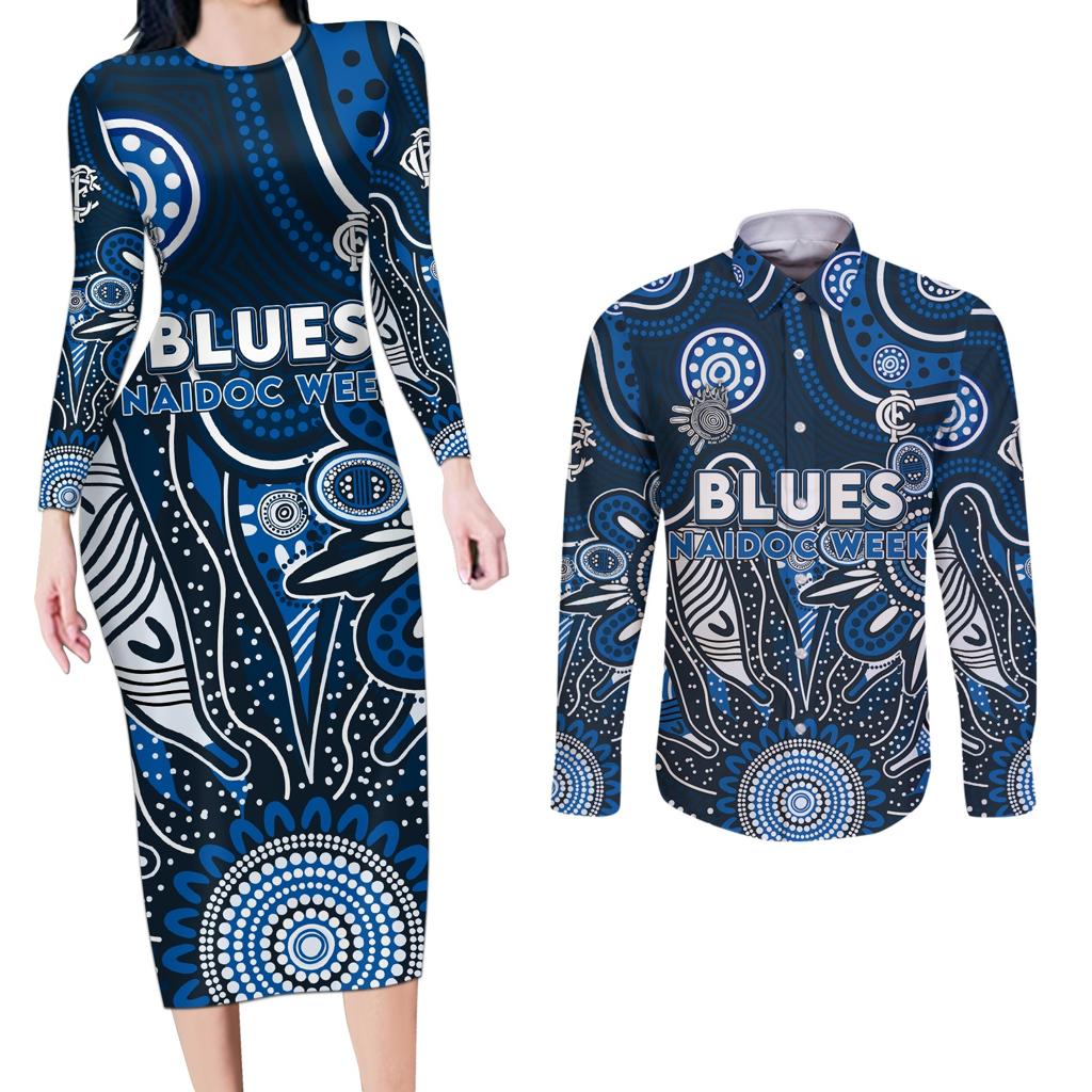 Personalised Blues NAIDOC Week 2024 Couples Matching Long Sleeve Bodycon Dress and Long Sleeve Button Shirt Aussie Aboriginal Art