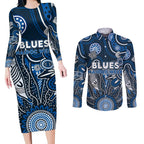Personalised Blues NAIDOC Week 2024 Couples Matching Long Sleeve Bodycon Dress and Long Sleeve Button Shirt Aussie Aboriginal Art