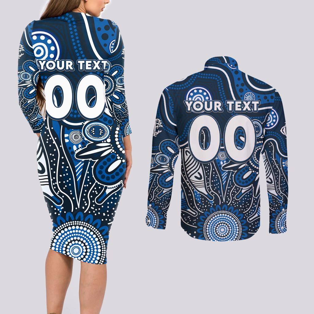 Personalised Blues NAIDOC Week 2024 Couples Matching Long Sleeve Bodycon Dress and Long Sleeve Button Shirt Aussie Aboriginal Art