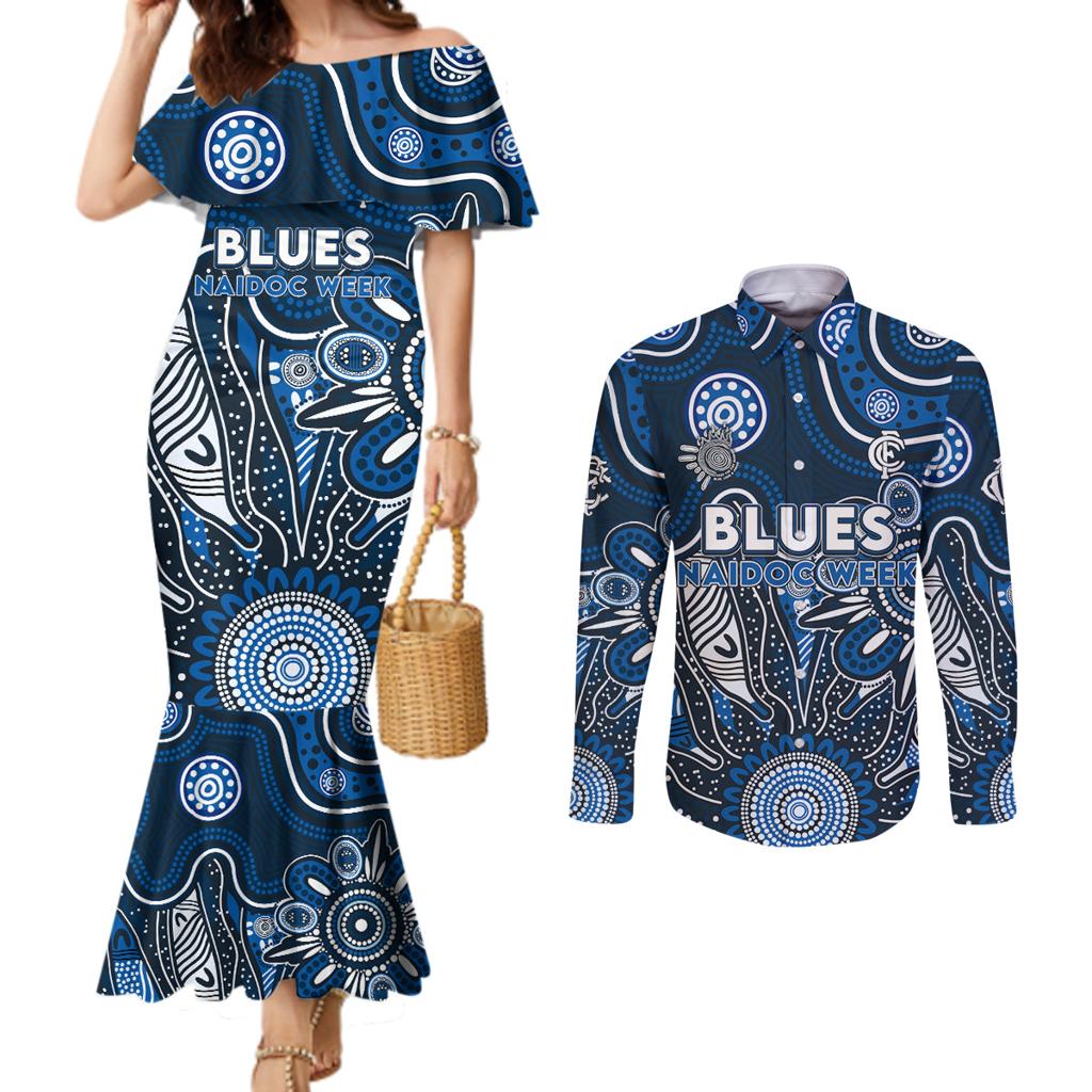 Personalised Blues NAIDOC Week 2024 Couples Matching Mermaid Dress and Long Sleeve Button Shirt Aussie Aboriginal Art