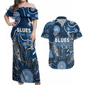 Personalised Blues NAIDOC Week 2024 Couples Matching Off Shoulder Maxi Dress and Hawaiian Shirt Aussie Aboriginal Art