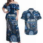 Personalised Blues NAIDOC Week 2024 Couples Matching Off Shoulder Maxi Dress and Hawaiian Shirt Aussie Aboriginal Art