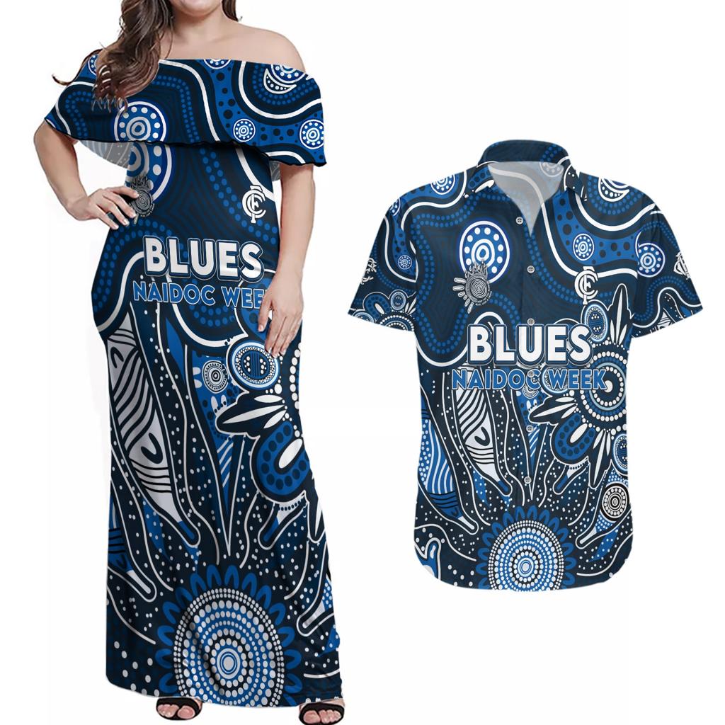 Personalised Blues NAIDOC Week 2024 Couples Matching Off Shoulder Maxi Dress and Hawaiian Shirt Aussie Aboriginal Art