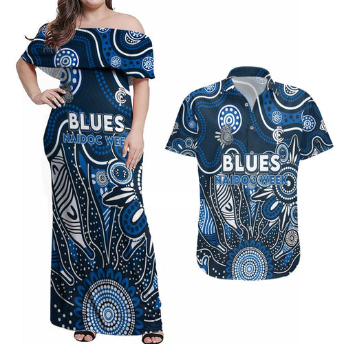 Personalised Blues NAIDOC Week 2024 Couples Matching Off Shoulder Maxi Dress and Hawaiian Shirt Aussie Aboriginal Art