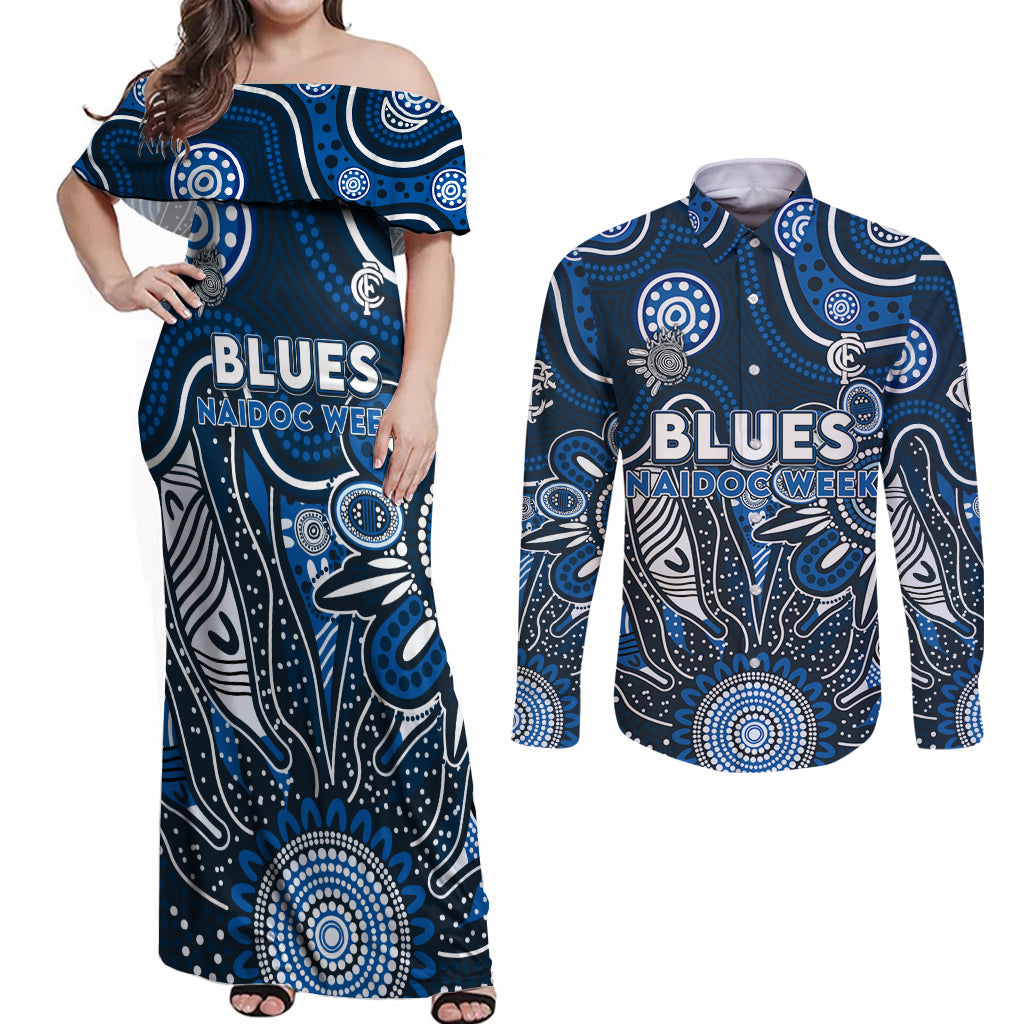 Personalised Blues NAIDOC Week 2024 Couples Matching Off Shoulder Maxi Dress and Long Sleeve Button Shirt Aussie Aboriginal Art