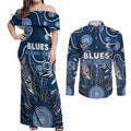 Personalised Blues NAIDOC Week 2024 Couples Matching Off Shoulder Maxi Dress and Long Sleeve Button Shirt Aussie Aboriginal Art