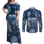 Personalised Blues NAIDOC Week 2024 Couples Matching Off Shoulder Maxi Dress and Long Sleeve Button Shirt Aussie Aboriginal Art