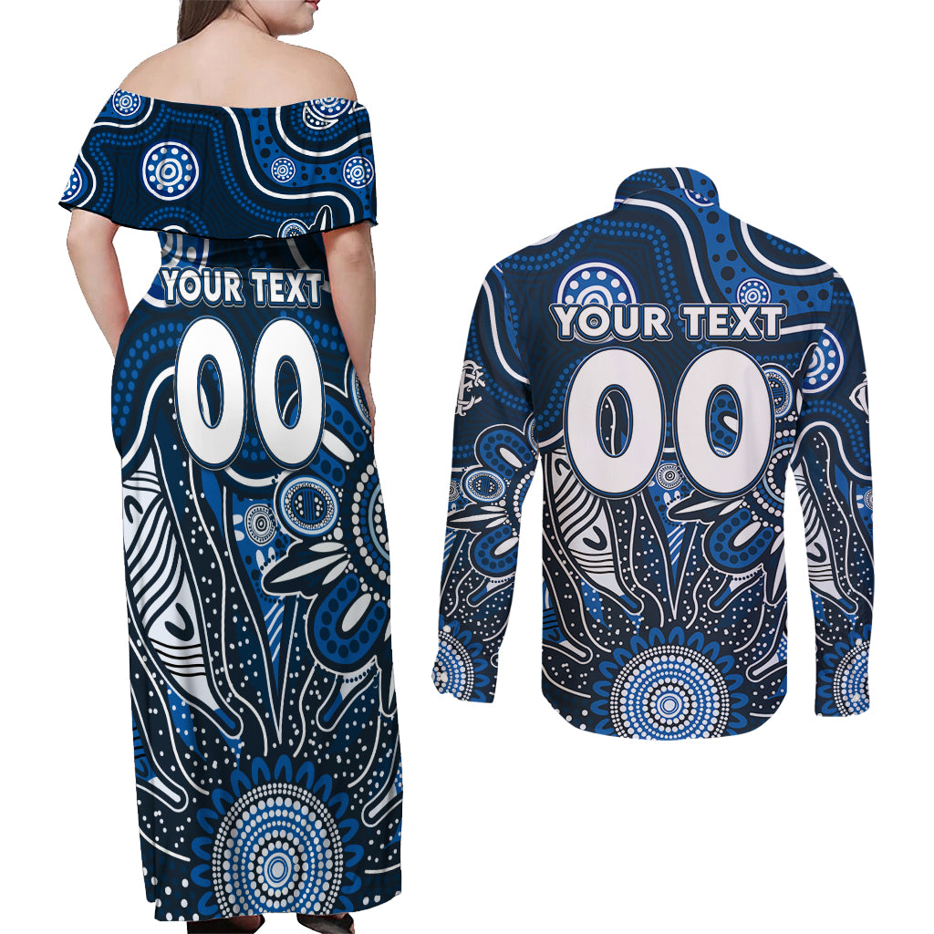 Personalised Blues NAIDOC Week 2024 Couples Matching Off Shoulder Maxi Dress and Long Sleeve Button Shirt Aussie Aboriginal Art