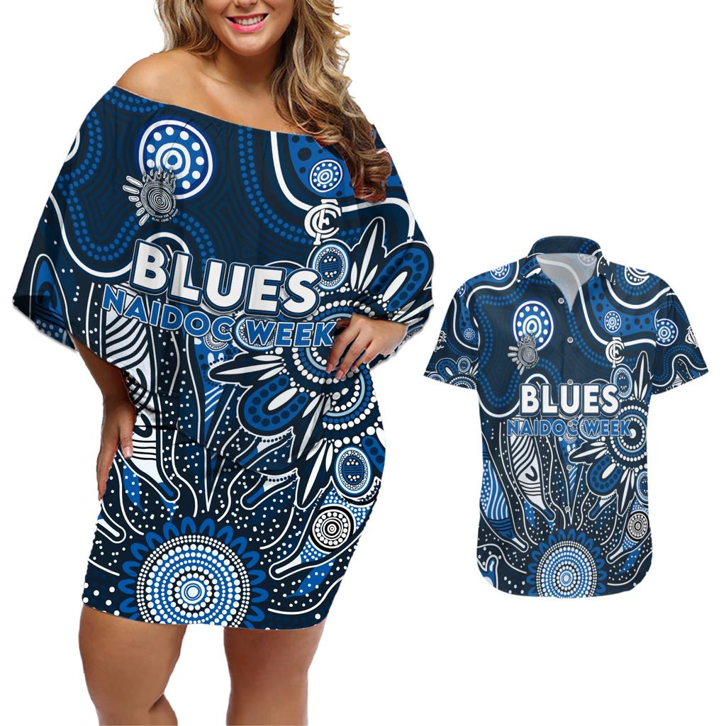 Personalised Blues NAIDOC Week 2024 Couples Matching Off Shoulder Short Dress and Hawaiian Shirt Aussie Aboriginal Art
