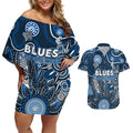 Personalised Blues NAIDOC Week 2024 Couples Matching Off Shoulder Short Dress and Hawaiian Shirt Aussie Aboriginal Art