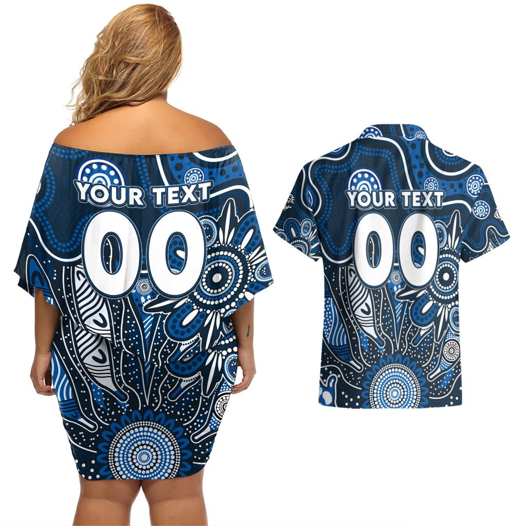 Personalised Blues NAIDOC Week 2024 Couples Matching Off Shoulder Short Dress and Hawaiian Shirt Aussie Aboriginal Art