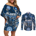 Personalised Blues NAIDOC Week 2024 Couples Matching Off Shoulder Short Dress and Long Sleeve Button Shirt Aussie Aboriginal Art