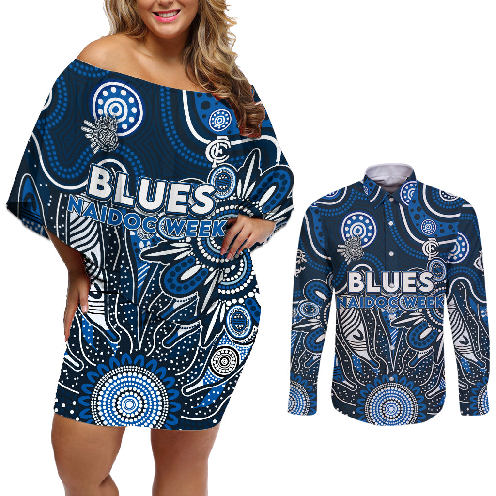 Personalised Blues NAIDOC Week 2024 Couples Matching Off Shoulder Short Dress and Long Sleeve Button Shirt Aussie Aboriginal Art