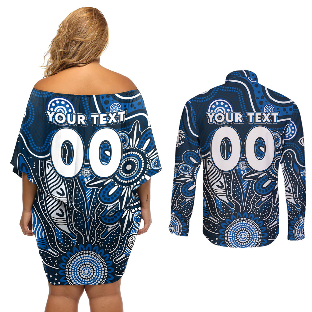 Personalised Blues NAIDOC Week 2024 Couples Matching Off Shoulder Short Dress and Long Sleeve Button Shirt Aussie Aboriginal Art