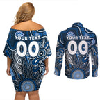 Personalised Blues NAIDOC Week 2024 Couples Matching Off Shoulder Short Dress and Long Sleeve Button Shirt Aussie Aboriginal Art