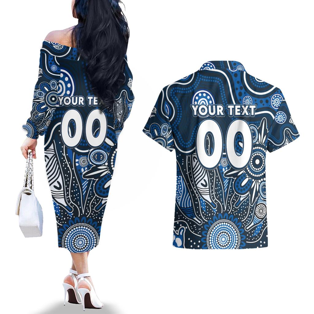 Personalised Blues NAIDOC Week 2024 Couples Matching Off The Shoulder Long Sleeve Dress and Hawaiian Shirt Aussie Aboriginal Art