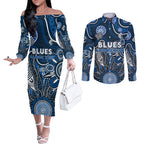 Personalised Blues NAIDOC Week 2024 Couples Matching Off The Shoulder Long Sleeve Dress and Long Sleeve Button Shirt Aussie Aboriginal Art