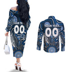 Personalised Blues NAIDOC Week 2024 Couples Matching Off The Shoulder Long Sleeve Dress and Long Sleeve Button Shirt Aussie Aboriginal Art