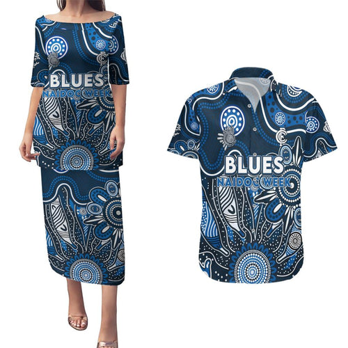 Personalised Blues NAIDOC Week 2024 Couples Matching Puletasi and Hawaiian Shirt Aussie Aboriginal Art