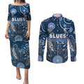 Personalised Blues NAIDOC Week 2024 Couples Matching Puletasi and Long Sleeve Button Shirt Aussie Aboriginal Art