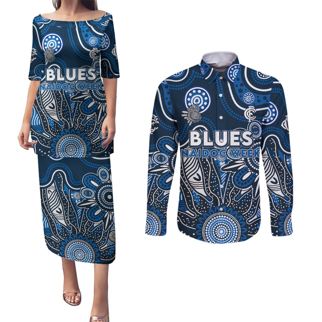 Personalised Blues NAIDOC Week 2024 Couples Matching Puletasi and Long Sleeve Button Shirt Aussie Aboriginal Art