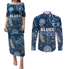 Personalised Blues NAIDOC Week 2024 Couples Matching Puletasi and Long Sleeve Button Shirt Aussie Aboriginal Art